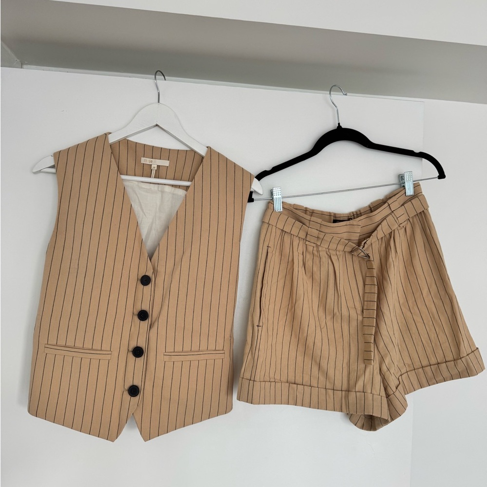 Maje Tan Pinstripe High-Waist Shorts & Vest Set